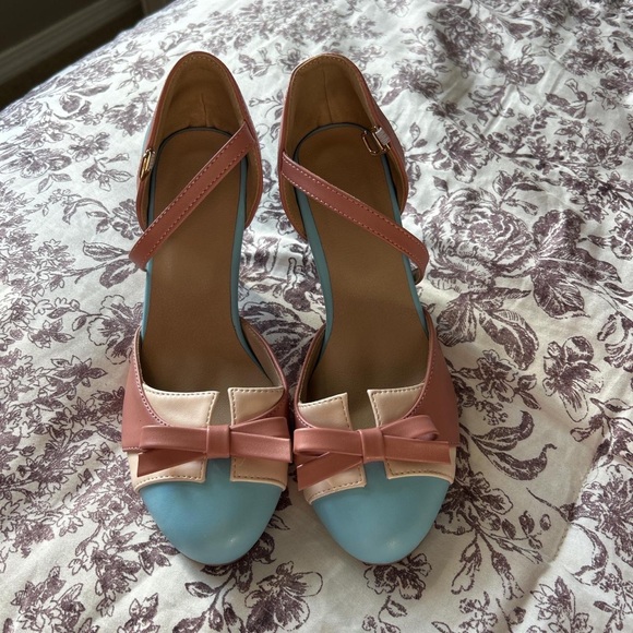 None Shoes - Chic Pink and Blue Heels with Bow Accent